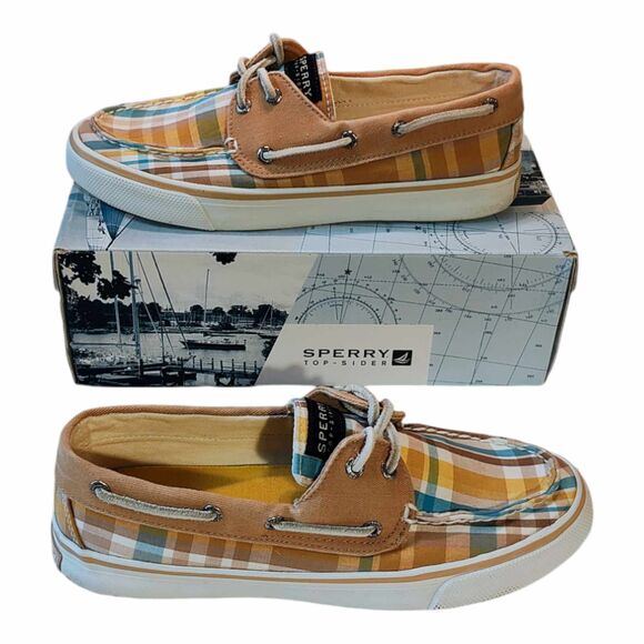 Sperry Top Sider Bahama Boat Shoe Womens Size 7 Brown Camel Plaid Canvas Slip On - Picture 13 of 14